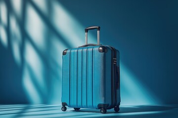 Poster - A blue suitcase is placed on a blue floor, providing a simple and clean background for various uses