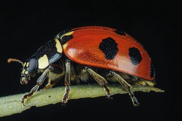 Poster - A small red and black insect perched on the edge of a green leaf