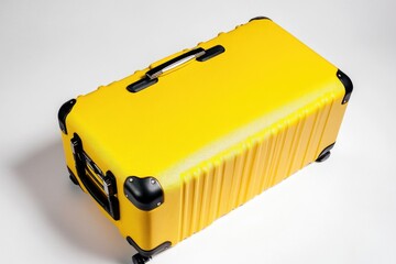 Poster - A single yellow suitcase sits on a white surface, awaiting travel or adventure