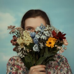 Poster - A woman holds a bouquet of flowers in front of her face, concealing her identity