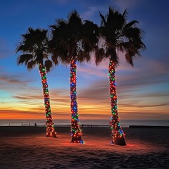 Poster - Christmas decorations on tropical palm trees on a sandy beach