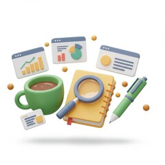Fototapete - A 3D illustration of various research tools including coffee cup, magnifying glass, notebook, pen and floating interface elements isolated on a white background.