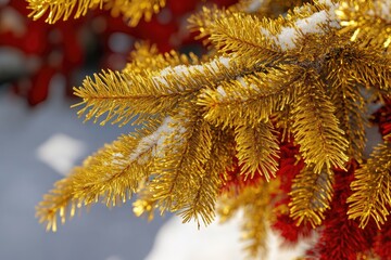 Poster - A branch of a Christmas tree covered in snow, perfect for winter and holiday themed designs