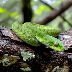 Aufkleber - A green snake sits atop a tree branch, perhaps basking in the sun