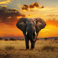 Poster - An elephant standing in a green field during the golden hour of sunset