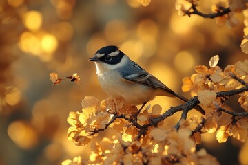 Wall Mural - A small bird perches on the branch of a tree, possibly seeking shelter or food