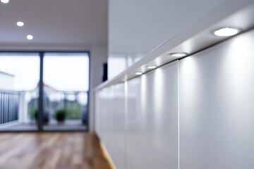 Aufkleber - A kitchen with a wooden floor and white cabinets, ideal for use in interior design or lifestyle photoshoots