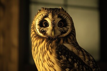 Poster - A close-up shot of an owl sitting on a table, ready for observation