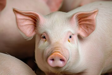 Poster - Close-up shot of a pig's face surrounded by other pigs in the background