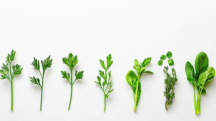   A collection of various herbs on a white background with a green, leafy center plant