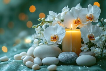 Poster - A lit candle surrounded by white flowers and stones, perfect for a peaceful atmosphere or romantic setting