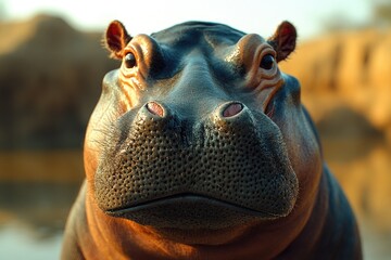 Poster - A close-up shot of a hippopotamus near a body of water, great for wildlife or nature-themed projects