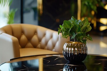 Poster - A small potted plant sits on top of a black table, waiting to be watered or admired