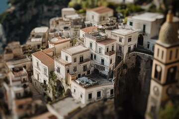 Aufkleber - Aerial view of a small town perched on the edge of a cliff, with buildings and trees visible