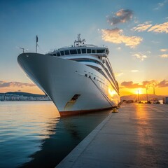 Poster - A large cruise ship is docked at the dock, ready for passengers to board