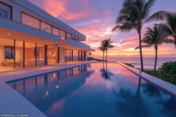 Poster - A swimming pool located in front of a house with palm trees, perfect for a relaxing day