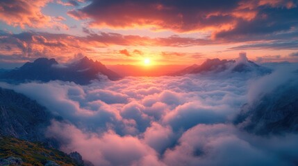 Aufkleber - A serene landscape with the sun setting behind a mountain range, offering breathtaking views
