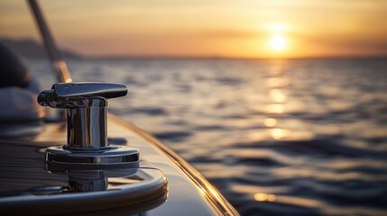 Poster - A close-up of a boat's bow as the sun sets in the background