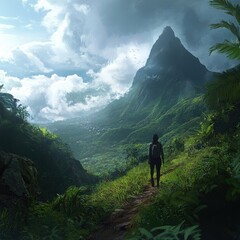 Aufkleber - A person hiking on a mountain trail with scenic landscape