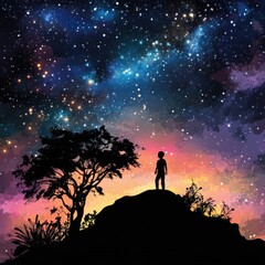 Poster - A person stands at the summit of a hill, gazing up at a star-filled night sky