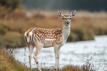 Poster - A deer standing on a grassy field, great for outdoor and nature themes