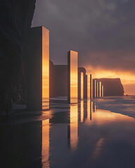 Poster - Futuristic glowing pillars at sunset on a serene beach