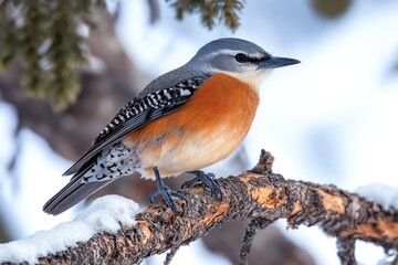 Aufkleber - A bird sits peacefully on a branch covered in snow, perfect for winter scenes or nature photography
