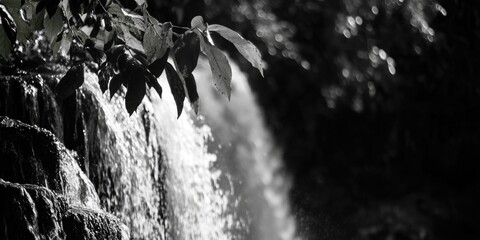 Aufkleber - A serene black and white photograph of a waterfall in nature