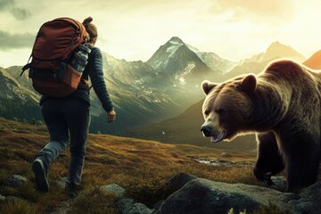 Poster - A person and a bear walking together in nature