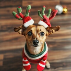 Poster - A small dog dressed in festive holiday attire, perfect for seasonal marketing campaigns or social media posts