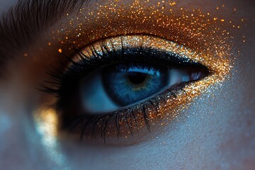 Poster - A close-up shot of a person's eye with glitter applied, suitable for beauty, fashion, or creative projects