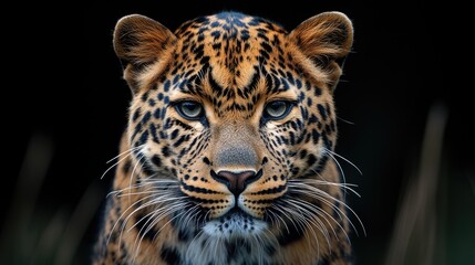 Poster - A close-up shot of a leopard's face on a dark background, great for wildlife or animal-themed designs