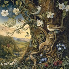 Aufkleber - A beautiful illustration of birds and flowers on a tree, perfect for garden-themed designs