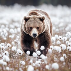 Wall Mural - A large brown bear walks through a field of white flowers, providing a unique and serene scene