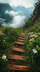 Poster - Mountain path with wooden steps and vibrant wildflowers in the mist