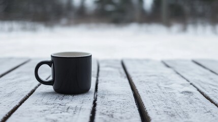 Black mug on snowy wooden table, winter scene.