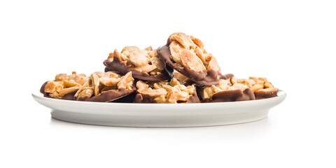 Canvas Print - Photography of chocolate Florentines cookies with almonds and chocolate on plate isolated on white background.