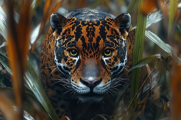 Poster - A close-up shot of a leopard hiding in tall grass, looking directly at the camera