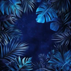 Poster - A dark blue background featuring tropical leaves, ideal for use in travel or nature-themed designs