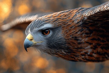 Poster - A close-up view of a bird of prey's face, with sharp eyes and feathers
