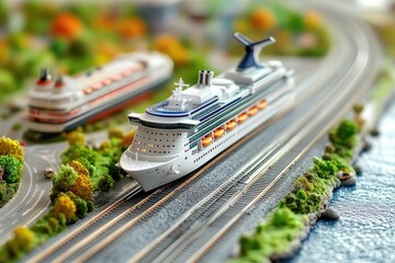 Poster - A model cruise ship stuck on a train track, a unusual scene