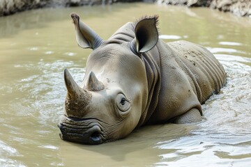 Wall Mural - A rhino resting in a calm body of water