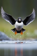 Aufkleber - A black and white duck in flight over a calm body of water