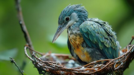 Poster - A bird perched on a tree branch, building its nest