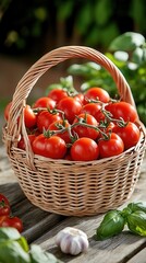 Wall Mural - Overflowing wicker basket of cherry tomatoes on rustic table with basil and garlic in warm natural light