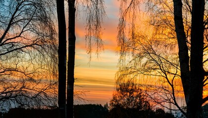 Canvas Print - Silhouetted trees frame a vibrant sunset, showcasing a breathtaking display of warm colors.