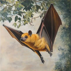 Poster - A close-up view of a bat resting on a tree branch, its wings folded