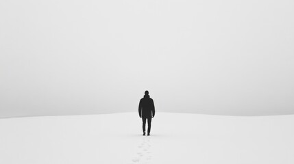 Wall Mural - lone figure walking on snowy landscape in fog.