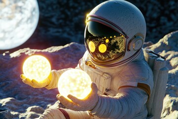 Poster - An astronaut sits on a rock, holding two glowing orbs in space