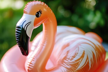Poster - A colorful inflatable flamingo floats on calm water, great for summer scenes or party decorations